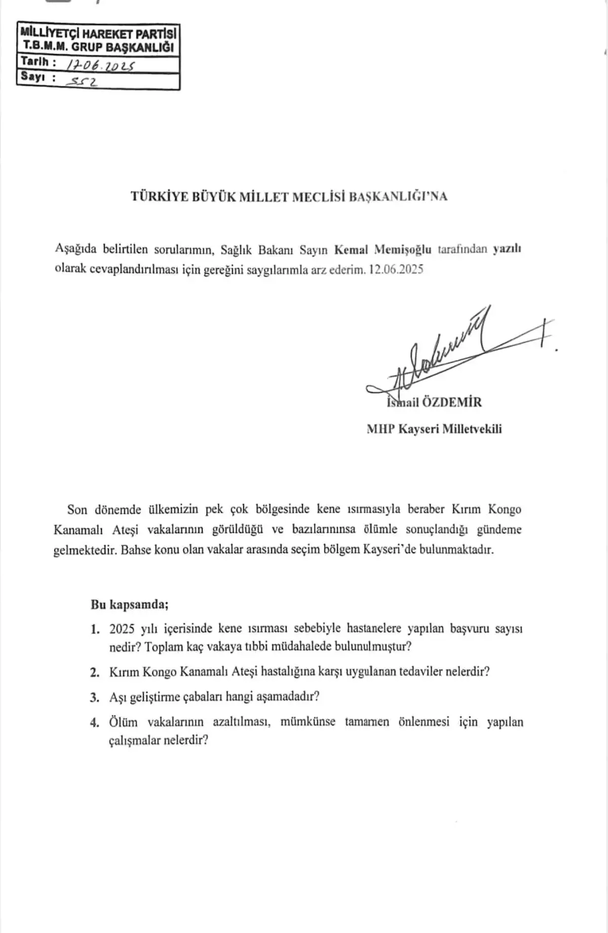MHP'li Özdemir'den Kene İlgili Soru Önergesi