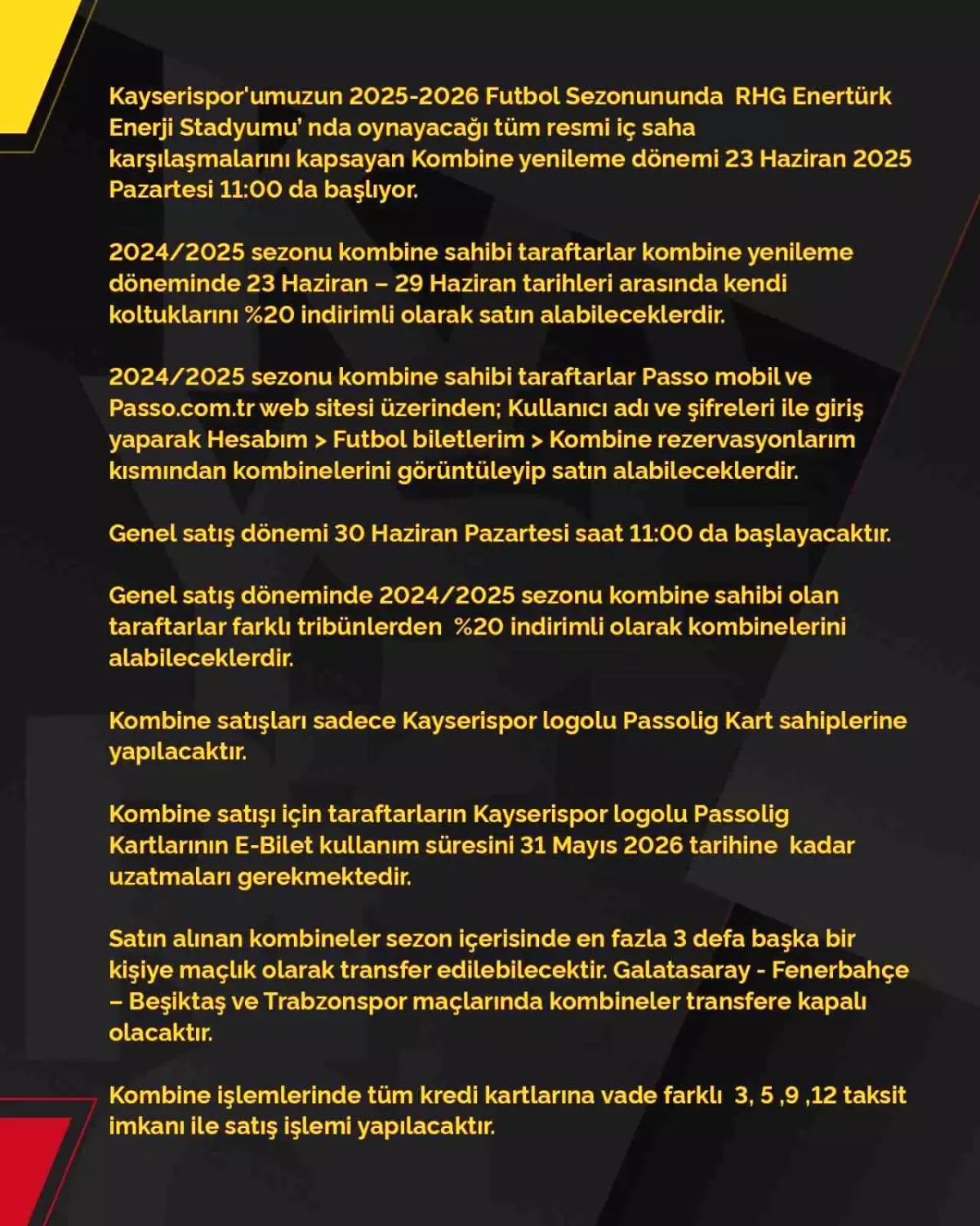 Kayserispor Kombine Bilet Fiyatları Açıklandı
